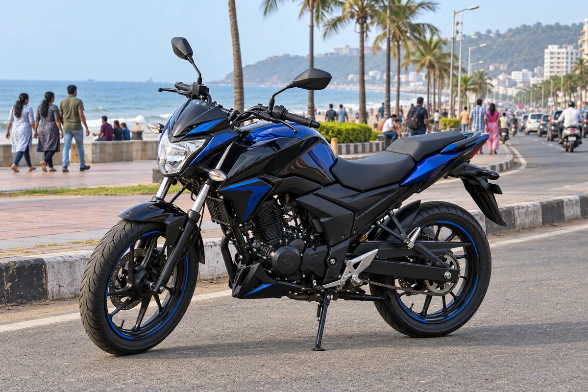 Generated illustration of a motorcycle near a Vizag-style coastal promenade; not an actual fleet photograph